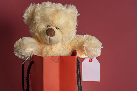 紧与一个泰迪熊玩具连在一起手臂上有张空白销售标签塞在一张购物纸袋里图片