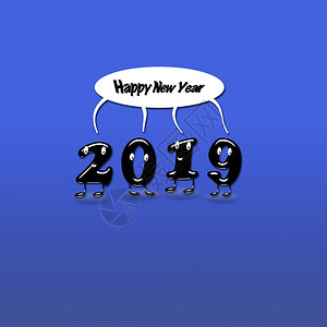 2019年的卡通配有语言泡文本快乐的新年蓝色背景3d翻譯图片