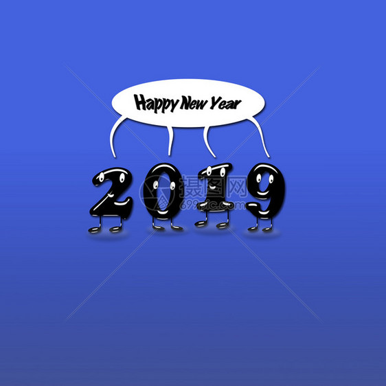 2019年的卡通配有语言泡文本快乐的新年蓝色背景3d翻譯图片