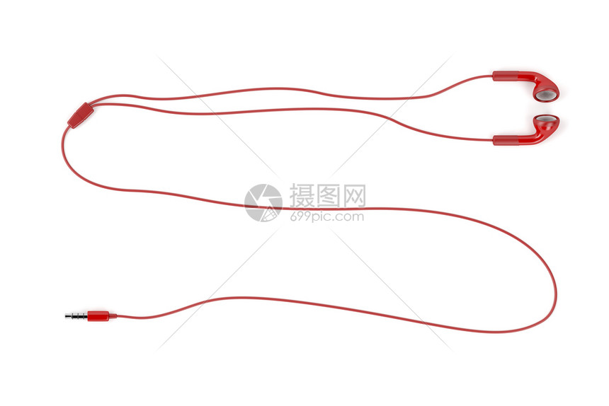 白色背景顶视图上方隔离的红色线耳机图片