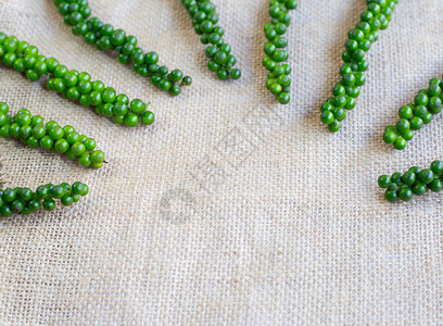 麻布背景上的新绿色胡椒玉米图片