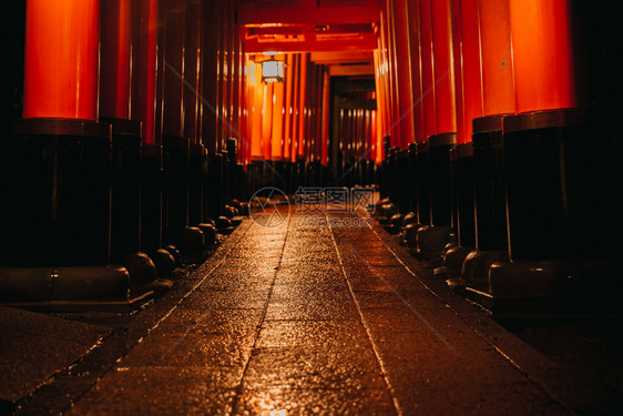 japn晚上在法希米因纳里神庙的大门和雨中京都图片