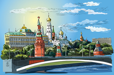 位于克里姆林塔和摩斯考河红方莫斯考俄罗交叉桥的堤岸城市多彩孤立的矢量图解图片