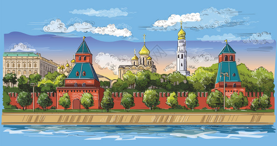 克伦林塔和莫斯考河红方莫斯考俄罗的堤岸城市多彩孤立的矢量图解图片