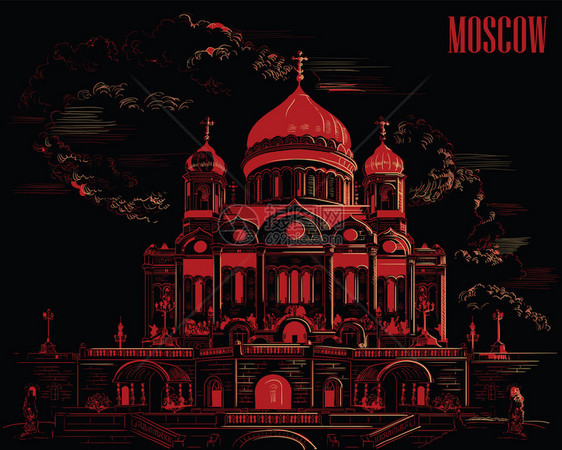 基督大教堂的城市风景救世主莫斯科俄罗孤立的矢量手画图用黑色背景的红和蜜显示图片