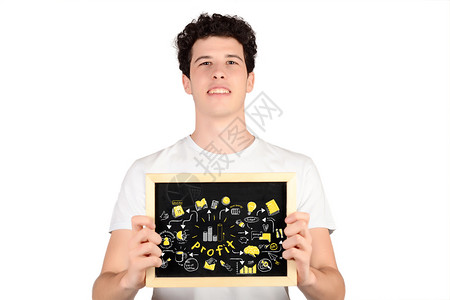 英俊的年轻男子拿着黑板和商业草图的画像孤立白色背景图片