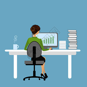 商业妇女或从事计算机后视平板矢量说明工作的办公室人员图片