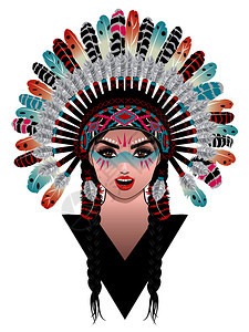 身穿战帽部落肖像设计的美国原住民妇女图片