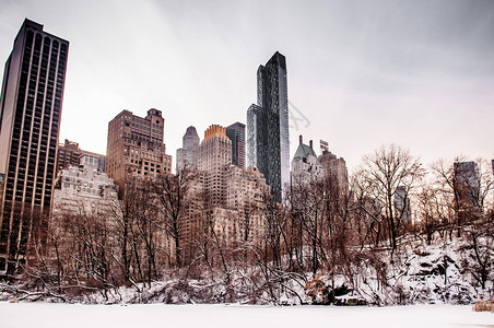 冬季中央公园的纽约摩天大楼风景图片