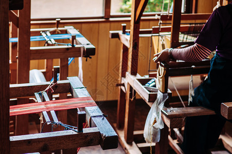 传统丝质织物旧式编织机背景图片