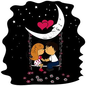 情侣在晚上坐与月球相连的秋千上现代设计时尚的插图后向平板矢量背景情人节日卡侣在夜晚坐与月球相连的秋千上图片