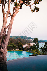 2014年3月8日014年泰国普吉无穷边缘池豪华度假胜地有美丽的大树和海洋景色图片