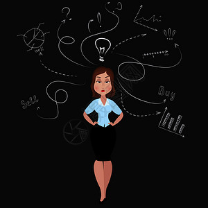 女商人或办公室工作者与一个好主意和站在涂鸦商业素描股票矢量插图女商人有个好主意图片