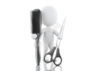 3个插图白人理发师梳子和剪刀孤立的白人背景图片