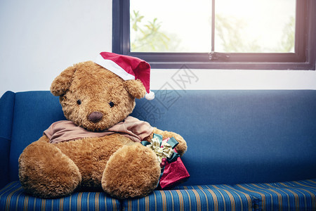 大熊有圣诞帽子和红礼盒在沙发上圣诞快乐的背景概念图片