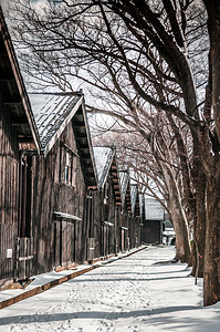 古老的日本黑仓库冬季雪和树木线上的日本黑仓库沙卡塔约索科亚马塔铁矿石雅潘图片