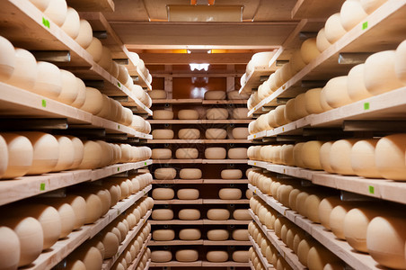 奶酪储存在木制架子上待成熟图片