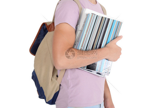 带笔记本和袋子的学生近视教育概念孤立的白种背景图片