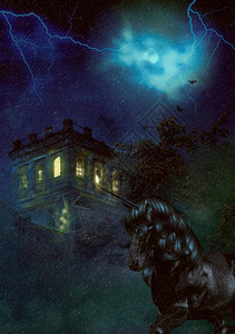 古老的城堡塔和黑独角兽在夜晚3d插图图片