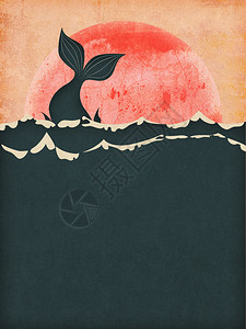 复古海报背景太阳落山时鲸尾鱼在海中的抽象泥土图案最小背景