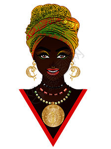 年轻的非洲妇女佩戴带有部落装饰品的时头巾图片