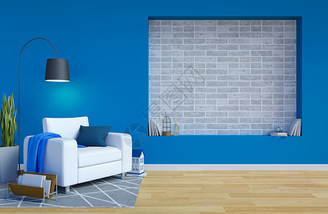 现代室内客厅装有蓝色墙壁在上复制空间供模拟3D图片