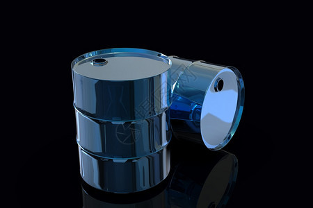 2个蓝色金属工业石油桶3d以黑色背景隔离图片