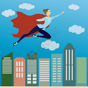 女商业超级英雄在办公室的摩天大楼上空飞行矢量说明女商业超级英雄在办公室的天空上飞行图片
