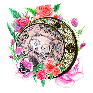 有蓝眼睛肖像的可爱小猫用水彩玫瑰插图装饰图片