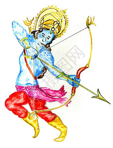 蓝色皮肤的krishna弓和箭以水彩漆成图片