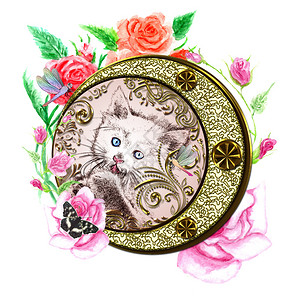 有蓝眼睛肖像的可爱小猫用水彩玫瑰插图装饰图片