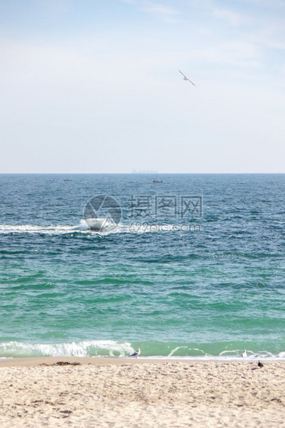 美丽的夏季海景浪鸟儿小船在柔软的阴云天空上图片般的海景有飞鸟和小船夏天的海景有柔软波浪图片