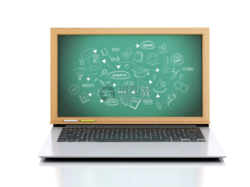 3d插图笔记本电脑有黑板上的毕业素描教育孤立的白色背景图片
