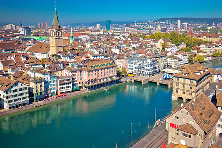 苏黎世和利马特河水边空中观察瑞士最大的城市图片