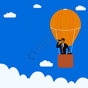 以热气球商业概念carton矢量说明带双筒望远镜的商人图片