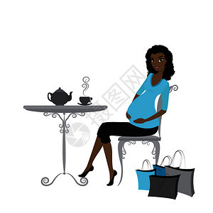卡通矢量插图坐在咖啡厅的桌子旁的孕妇图片