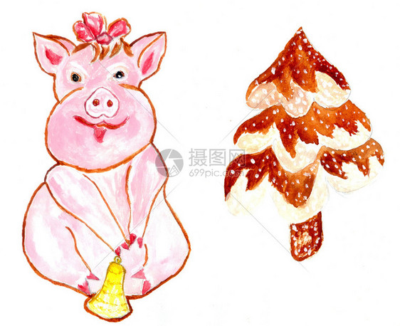 装饰猪形状的姜饼干用于圣诞节水彩画插图图片