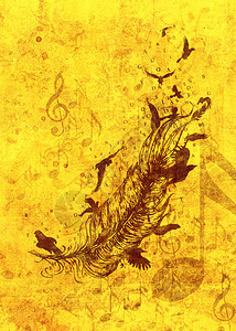 羽毛和鸟儿的装饰背景黄色的纸质图片