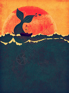 太阳落山时鲸尾鱼在海中的抽象泥土图案最小图片