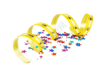 以恒星和黄丝带形状的多彩蛋白和黄丝带形状的金色彩条形以白色背景上孤立的螺旋形缠绕在一起图片