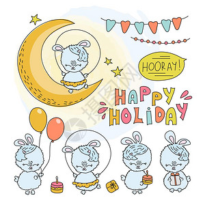 矢量月亮兔子生日漫画矢量插图插画