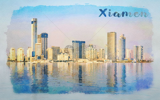 具有海洋反射镜像的Xiamen城市天空线宽屏全景的彩色画图片