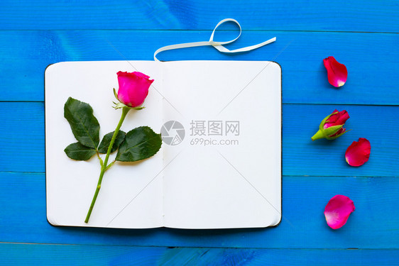 蓝木本上玫瑰的日记笔本情人节day的概念图片