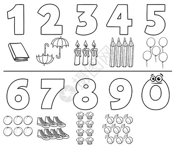 太一黑白卡通插图数字由一到九用对象颜色本排列插画