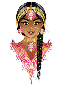 印度美女珍贵珠宝印地安新娘的时尚肖像插画