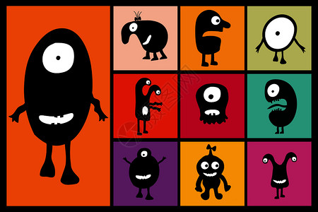 细菌小孩设置有不同颜色背景的情感黑怪卡通矢量插图插画