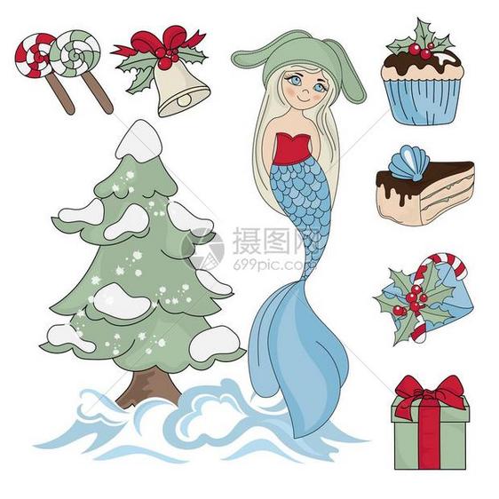 美人鱼圣诞节梦想新年矢量插图图片