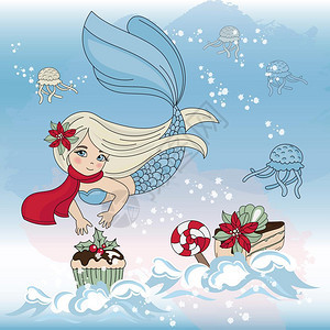 美人鱼甜蜜的快乐圣诞漫画矢量插图集图片