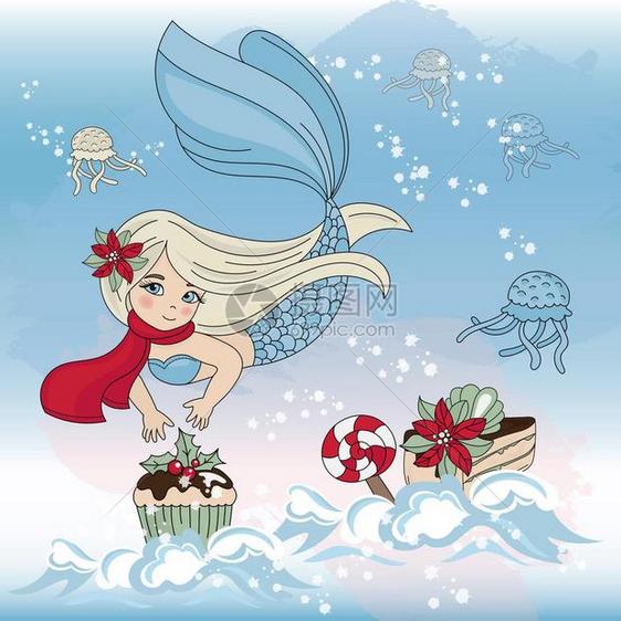 美人鱼甜蜜的快乐圣诞漫画矢量插图集图片