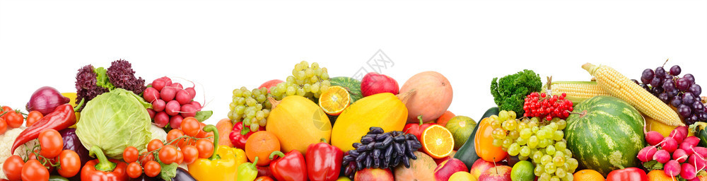 收集白色背景上隔绝的新鲜水果和蔬菜全景拼图宽幅照片有免费文本空间图片
